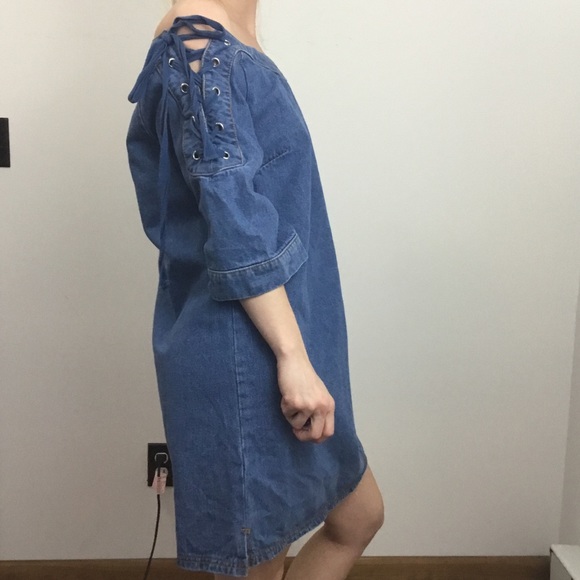 Maeve Denim Blue Lace Up Sleeve Shift Jean Dress - Picture 3 of 8